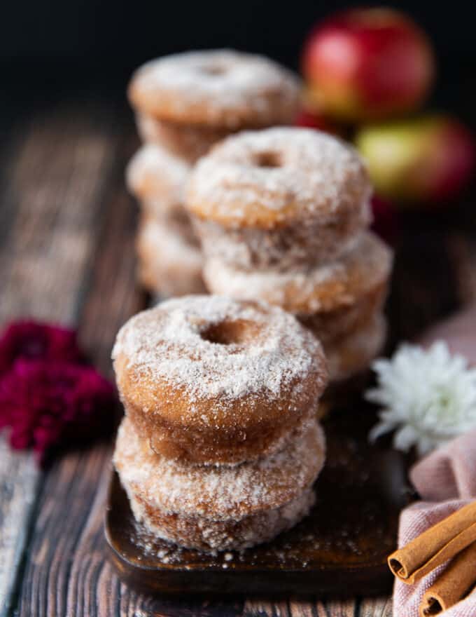 cinnamon sugar coating close up on apple cider donuts