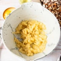 Mashed bananas ready in the large bowl