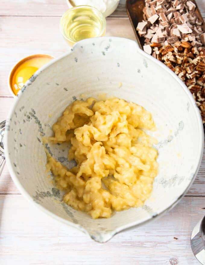 Mashed bananas ready in the large bowl