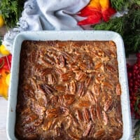 Pecan pie bars right out of the oven, they look golden and the filling has set.