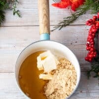 Light brown sugar, honey and butter added into a small sauce pan