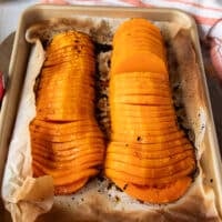 Roasted butternut squash right out of the oven. Soft, tender, rich and deep orange color
