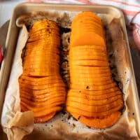 Roasted butternut squash right out of the oven. Soft, tender, rich and deep orange color