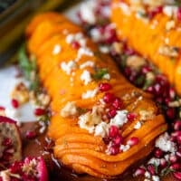 close up of one half of roasted butternut squash showing the tender deep rich color and texture