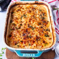 scalloped potatoes right out of the oven with a golden cheesy crust on top