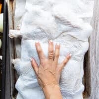 A hand patting the brined turkey the ext day with paper towels to remove excess water