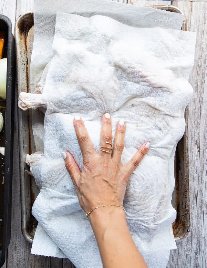 A hand patting the brined turkey the ext day with paper towels to remove excess water