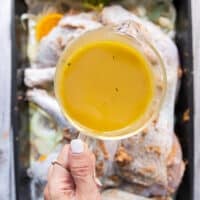 The buttered turkey placed over the onions and oranges and veggies on the roasting pan and a hand ready to pour some stock over it.