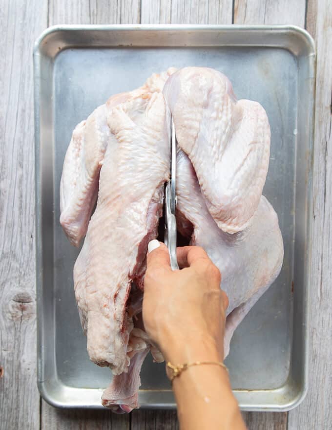 A hand holding a scissors and starting to cut through one side of the back bone of the turkey