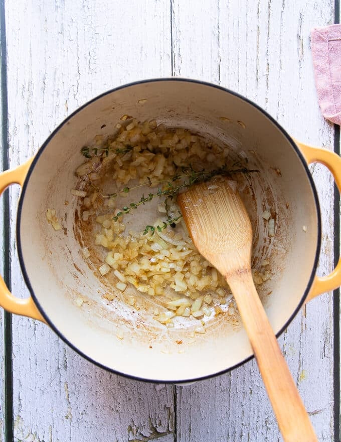 The onions are now golden and sauteed, ready for the garlic