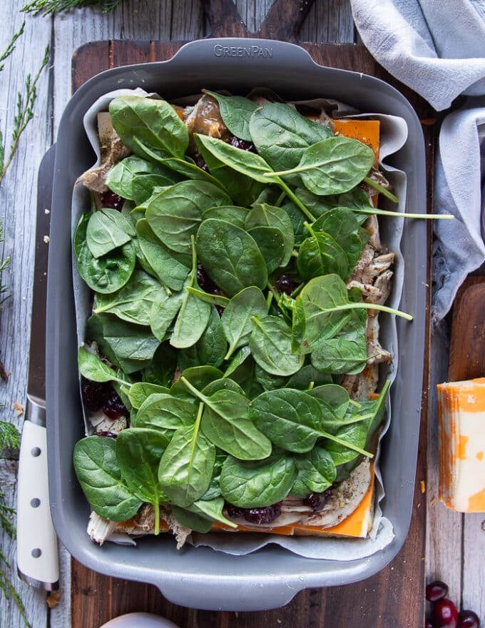 A layer of spinach added over the turkey meat