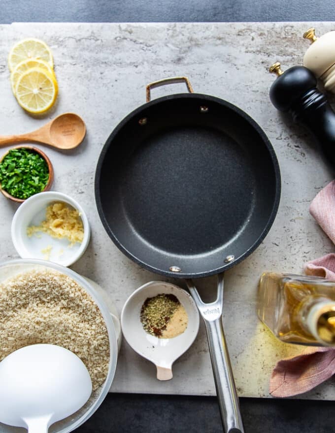 ingredients for the crisp coating of the cod including panko bread crumbs, olive oil, fresh garlic, herbs, spices 