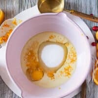 One large bowl with eggs, sugar, oil, orange zest, milk and orange juice added in