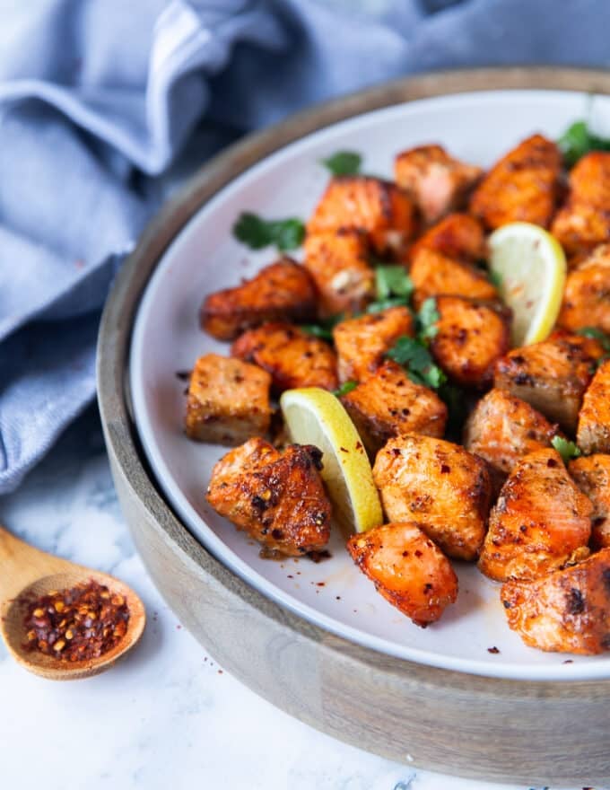 close up of one of the salmon bites showing how perfect the texture is on the outside