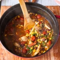 the chicken tortilla soup recipe is ready in the post and a wooden spoon is scooping some soup to show off how it looks