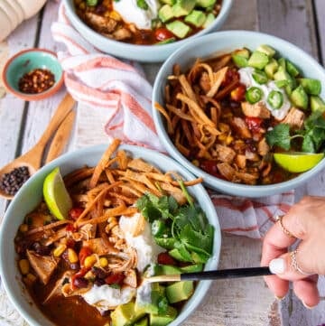 A hand holding a spoon and spooning out some chicken tortilla soup from a bowl