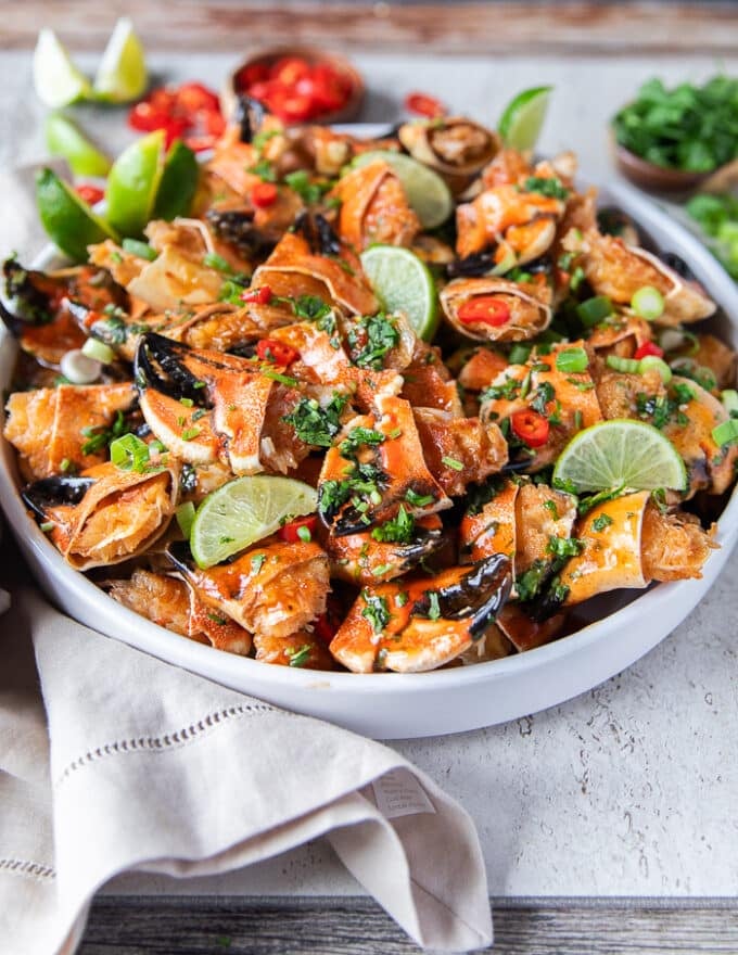 side view of the cooked jonah crab claws showing close up of the meat