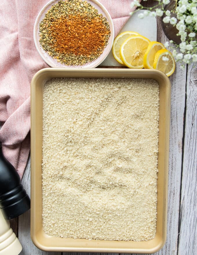 Panko crust ingredients for the fish fingers including panko bread crumbs, cajun seasoning and oregano