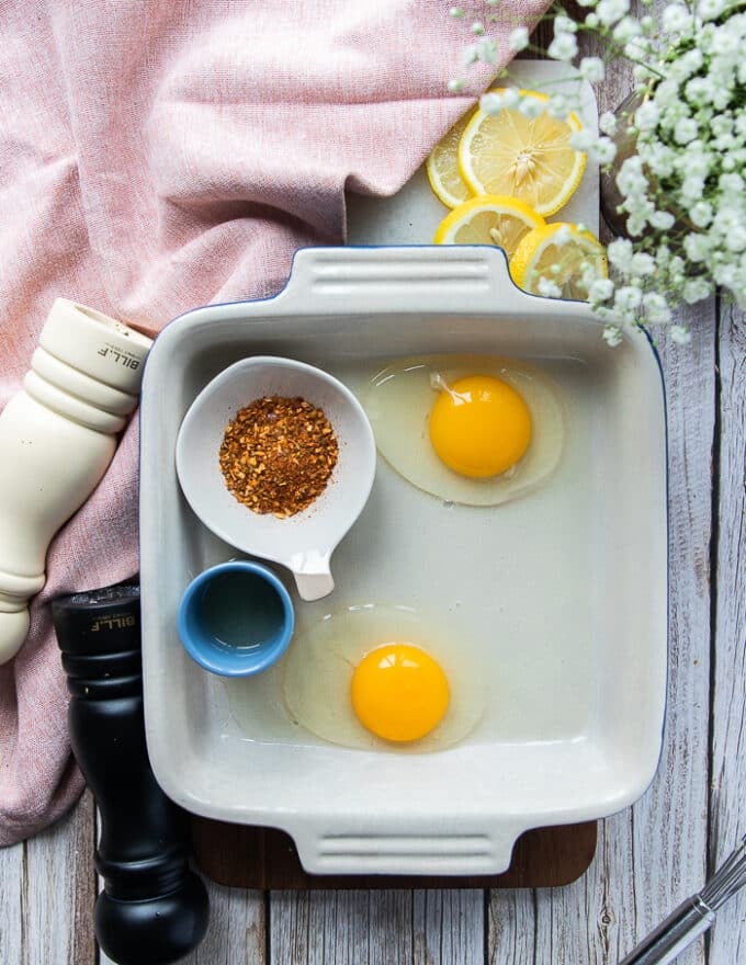 wet coating ingredients for the fish fingers including two eggs, cajun seasoning, fresh lemon juice