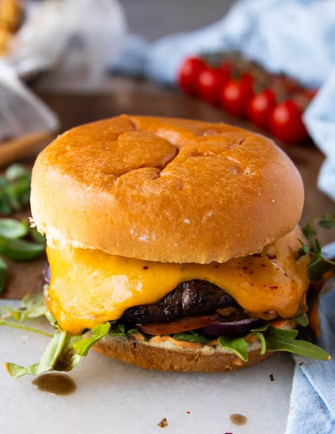 The portobello mushroom with the cheese added on the top and the tops bun