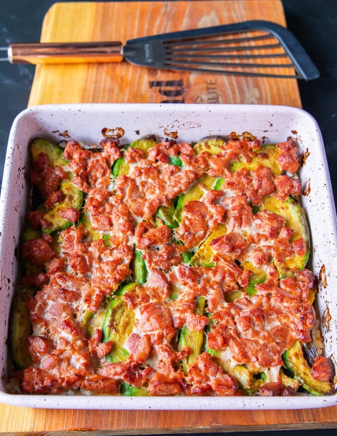 Sushi bake right out of the oven showing the cooked fish on the top