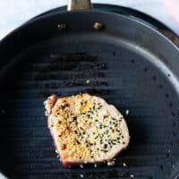 Seared ahi tuna in a grill pan ready
