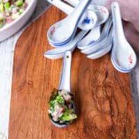 A spoonful of tuna ceviche is added over the seaweed to make the appetizer ready