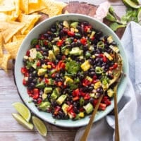 Black bean and corn salad ingredients all mixed together with the dressing and ready