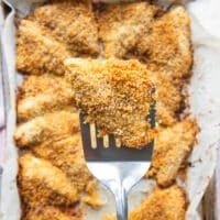 A spatula showing close up on the perch right out of the oven, golden in color and crisp outer coating, and fully cooked fish