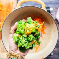 A hand holding in some broccoli florets and adding them to the base of the soup pot