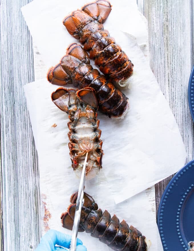 a hand using scissors to cut down on the tail of the lobster 