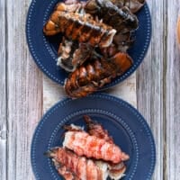 two separate plates on a wooden board, one with all the lobster meat and one with all the lobster shells. All separated to make lobster stock