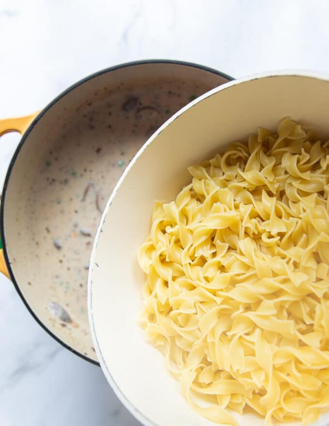 Cooked noodles in a pot