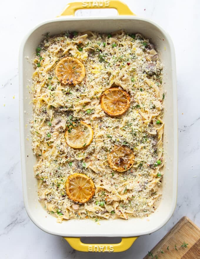 The topping added over the casserole and lemon slices too