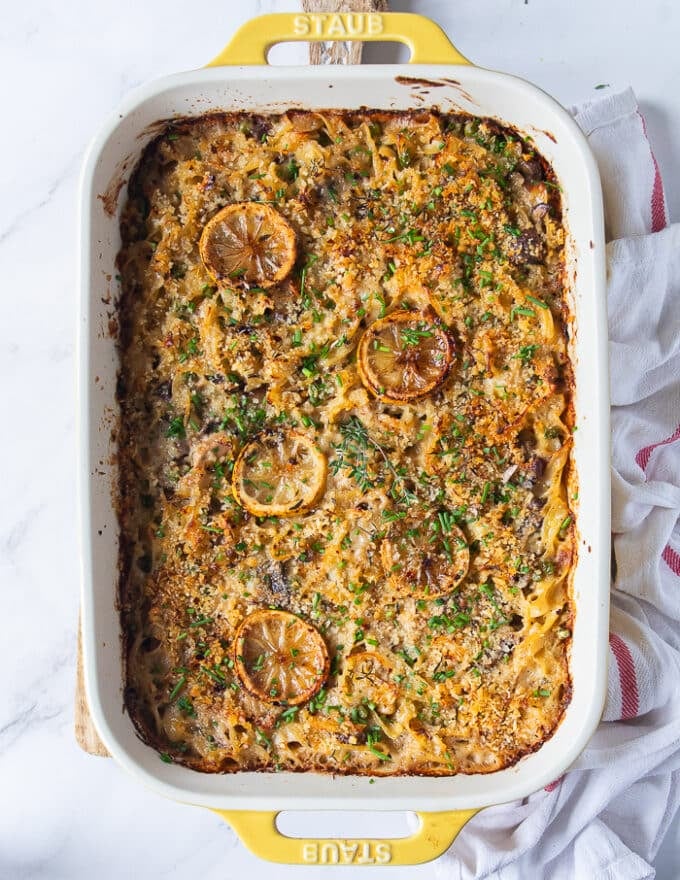 The tuna casserole out of the oven with golden tops and perfectly cooked