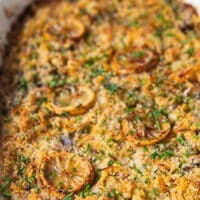 close up of the baked tuna casserole showing very up close the texture of the golden panko and caramelized lemons