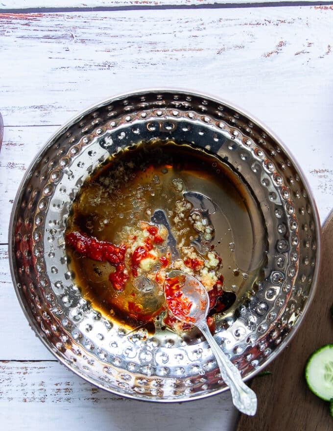 All the dressing ingredients added into a bowl