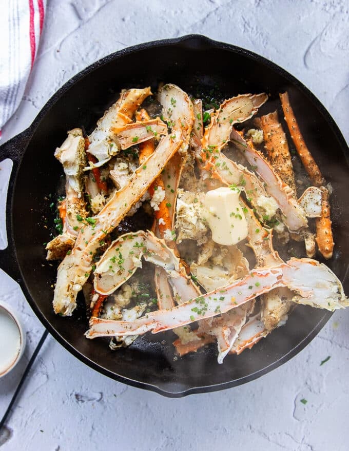 Crab is ready and seared on the stove, now ready to go in to the oven 