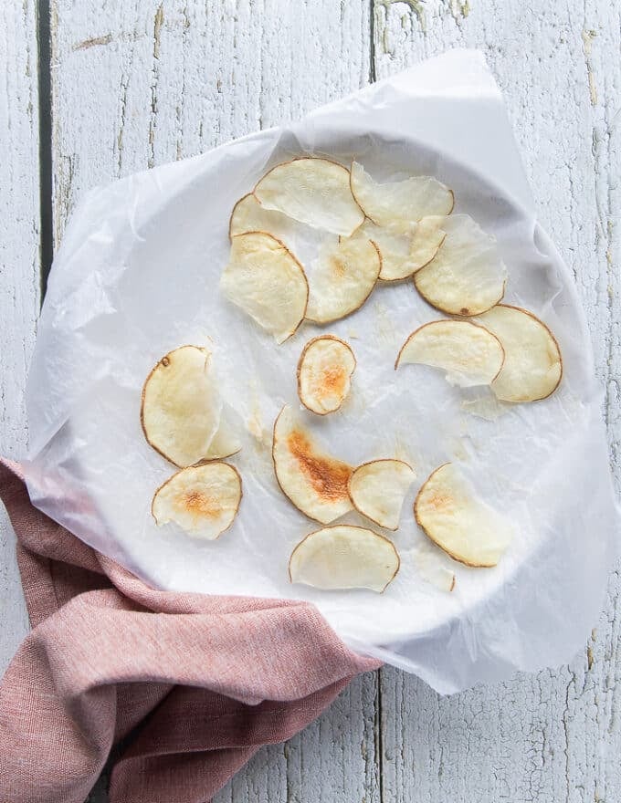 Microwave potato chips ready and golden 