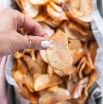 A hand holding a potato chip ready and seasoned close up showing the crispy texture and seasoning on top