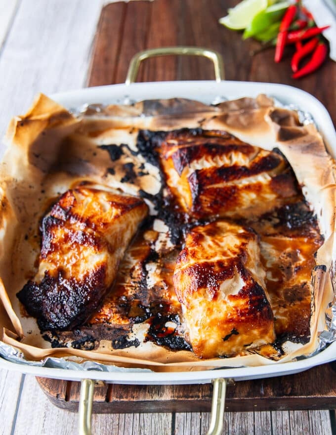 miso cod out of the oven golden and toasted on top , perfectly cooked 