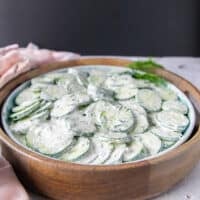 side view of the creamy cucumber salad showing the texture of cucumbers and sauce