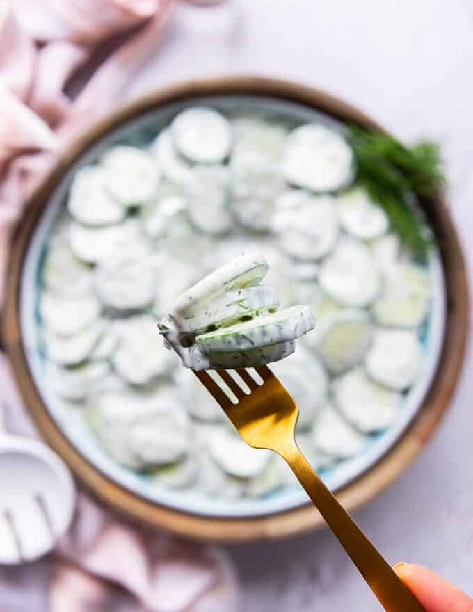 A hand holding creamy cucumber salad using a fork close up t the camera showing how creamy and perfect the cucumber salad is