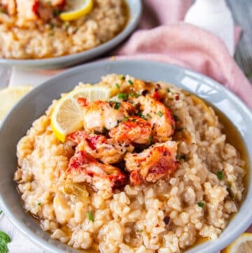 side view of a plate of lobster risotto fully plated and garnished