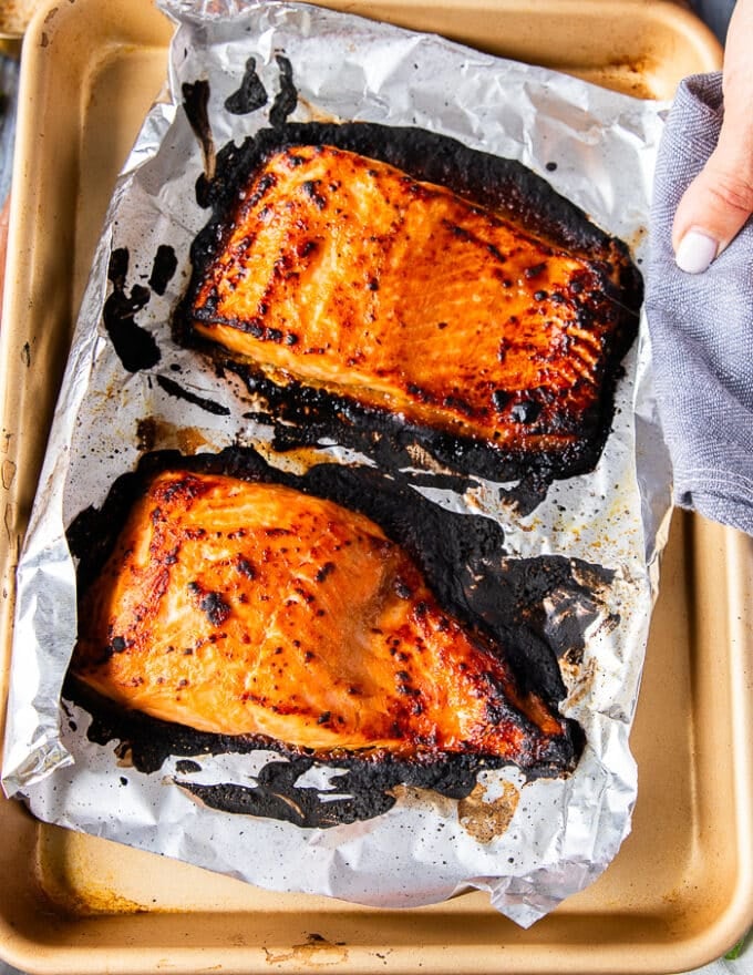 Salmon out of the oven after broiling for 10 minutes. It's charred and cooked perfectly