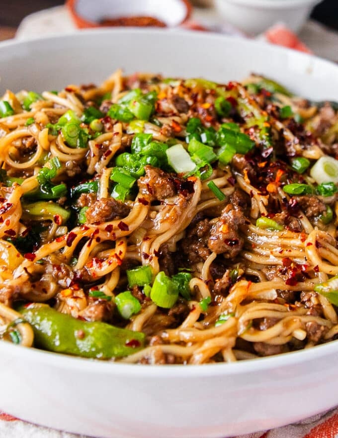 close up of the Mongolian Ground Beef Noodles showing the texture of the cooked ground beef and sauce and noodles