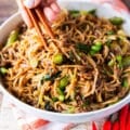 A hand holding two chopsticks stretching the Mongolian Ground Beef Noodles on a plate showing the ground beef, the green onions and chilli flakes over the noodles