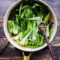 Optional, the bok choy is added to the skillet wit the ground beef