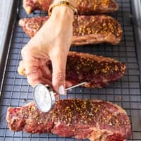 A hand holding a meat thermometer inserted into the steak to make sure the correct temperature has been reached '