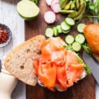 The smoked salmon piled over the bread and topping